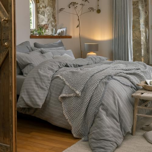 Christy Flannel Stripe King Duvet Set Brushed Cotton | Luxury Bed Linen | Super Soft and Silky Finish | Silver Gray