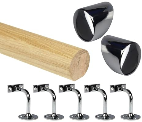 Oak Round Mopstick Handrail Kit with Wall Brackets & Forge End Caps – 1800–4200mm, Chrome/Black/Brushed Nickel/Antique Brass (Chrome, 4200mm)