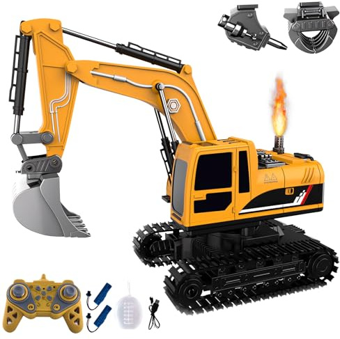 Yarteim 3 in 1 Ferngesteuerter Bagger, 11 Kanal 2,4GHz RC Bagger Spielzeug mit Metall Schaufel, 360° Drehbarer Radlader Sand Fahrzeuge mit Spray, Licht & Musik, Jungen Geschenk Ab 3-12 Jahre