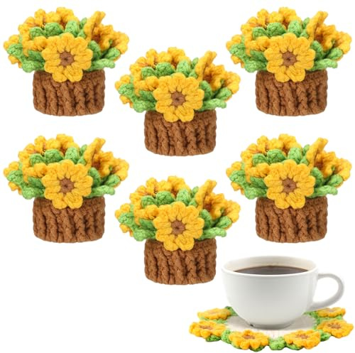 Suncalla 6 Pcs Knitting Crochet Sunflower Plants Flowers Crochet Coasters Cute Soft Decorative Coasters Funny Handmade Flowers Housewarming for New Home Office Bar Desk Car Decoration