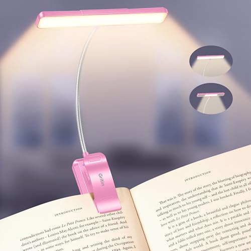 Gritin 2026 Gen 2 Leselampe Buch Klemme 32 Augenschonende Vollspektrum-LEDs, 5 Helligkeit & 5 Lichtfarbe, Einstellbar Breit/Schmal Lichtstrahl, Aufladbar 1500mAh Akku -Rosenrot