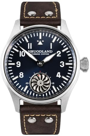 HRUODLAND klockor män automatisk med 3D-turbin, safirglas, BGW-9 superlysrör & läderarmband – retro flygarklockor, skräddarsydda alternativ, blå