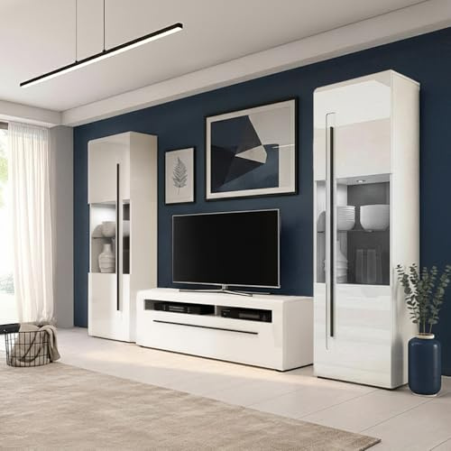 Lomadox Wohnwand in Weiß Hochglanz mit 140 cm Lowboard & 2 Vitrinen inkl. Beleuchtung - Anbauwand, Fernsehwand, Vitrinenschrank, Fernsehschrank, Fernsehtisch, modern