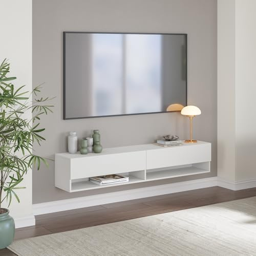 [en.casa] TV Lowboard Halmstad TV Schrank hängend 160 x 31 x 30 cm Fernsehschrank mit 2 Klapptüren und 2 offenen Fächern Hängeschrank Weiß
