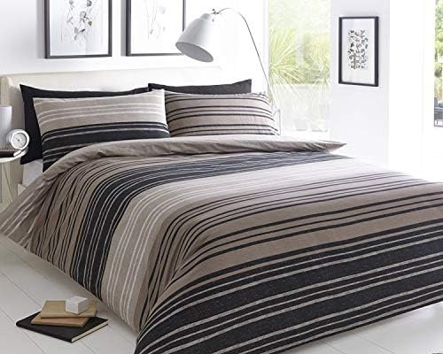 Sleepdown Duvet Cover Set - Brown - Textured Stripe - Reversible Quilt Cover Easy Care Bed Linen Soft Cosy Bedding Sets with Pillowcases - Double (200 cm x 200 cm)