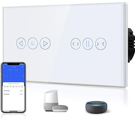 BSEED Interrupteur variateur tactile Wi-Fi mural 1 bouton avec interrupteur 1 bouton pour rideaux (fil neutre nécessaire), 1 voie, avec vitre en verre, compatible avec Tuya/Alexa/Google, blanc