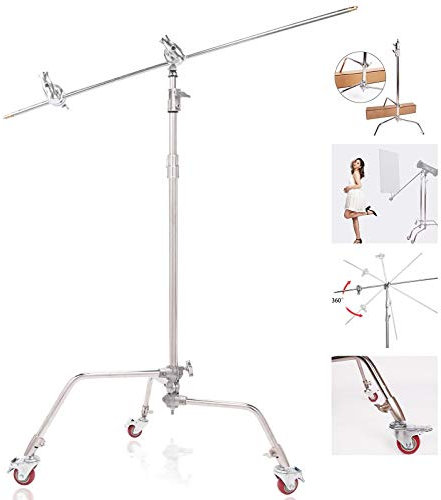 C-förmiger Ständer 130-300cm Galgenstativ aus Edelstahl mit 127cm Auslegearm und Griffkopf, Stativrollen für Studio Video Reflektor, Softboxen, Schirme, Monolicht und andere Fotoausrüstung