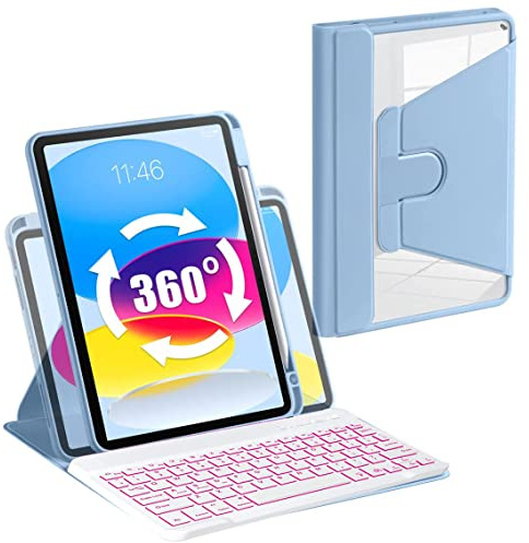 Bueuwe Funda con Teclado para iPad 9.ª/ 8.ª/ 7.ª generación de 10,2, Contiene Ñ, Teclado Desmontable inalámbrico, retroiluminación de 7 Colores, Cubierta Transparente giratoria con portalápices,Azul