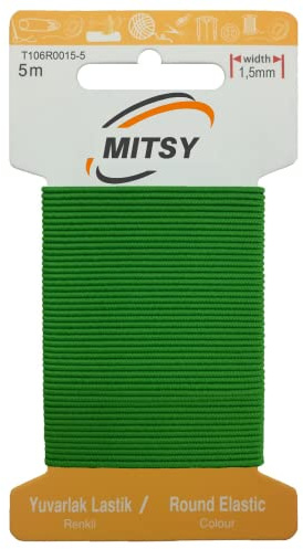 MITSY Elástico redondo resistente a desgarros, cordón de goma para coser, ancho 1,5 mm, 5 m, verde, fuerte, redondo, goma de goma, para el hogar, manualidades, telas para cerca