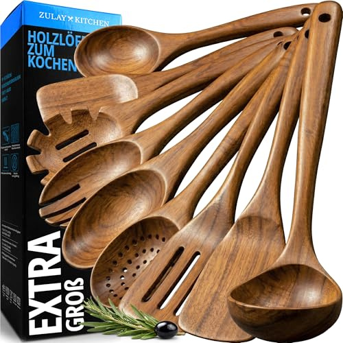 Zulay Kitchen 9-Piece Teak Wood Cooking Utensil Set – Non-Toxic & Non-Stick Safe Wooden Spoons & Kitchen Tools with Comfortable Grip, Smooth Finish Natural Teak – Perfect Kitchen Gift Set