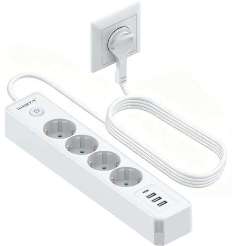 Steckdosenleiste Flachstecker USB-C, 4-Fach Mehrfachsteckdose mit Schalter