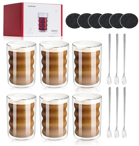 GARPROVM Latte Macchiato Gläser, 450ml Kaffeegläser Doppelwandig 6er Set, Spiralförmig Thermoglas Espressotassen Kaffeebecher Trinkgläser Capuccino-Tassen Eisbecher, 6 Löffel + 6 Untersetzer