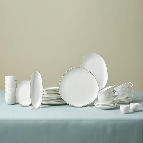 Karaca Streamline Middle 34-Piece Porcelain Serveware Set for 6 People, Service Plates, Small Serving Platters, Tea Cups&Saucers, Bowls, White Gold