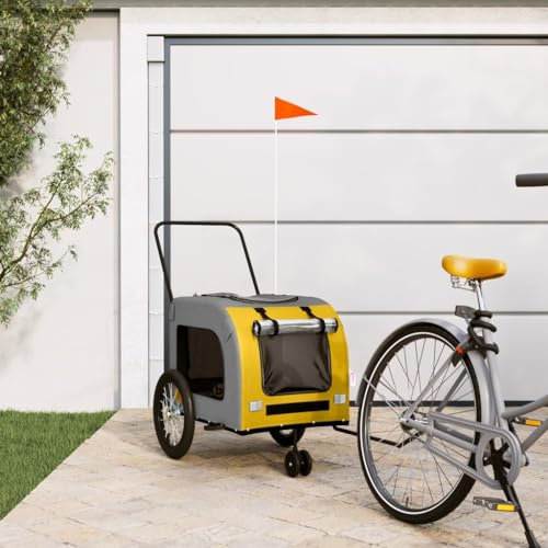 FENLAX Fahrradanhänger Hunde Gelb und Grau Oxford-Gewebe und Eisen 63x121x65cm Fahrrad Hundeanhänger Haustieranhänger Haustier Fahrradanhänger Hunde-Fahrradanhänger für Hunde und Andere Haustiere