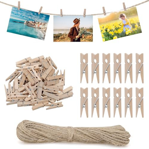 150 Stück Hölzerne Mini Holzklammern, 3,5cm Wäscheklammern mit 10m Juteschnur, kleine Klammern zum Aufhängen von Fotos, Postkarten, Kleidung, DIY-Dekoration