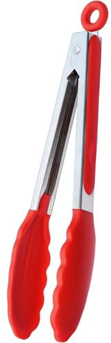 Pinze da cucina, Pinze da barbecue, Pinza da cucina, Materiale in acciaio inossidabile con silicone, Adatto per alimenti, Pinza per insalata, senza BPA, manico antiscivolo, rosso, lunghezza 21,4 cm