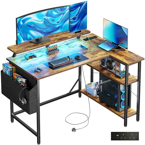 DOMSHOCT L Shaped Gaming Desk with LED Lights & Power Outlets, 100 * 80cm Small Corner Computer Table with Storage Bag & Adjustable Shelves & Large Monitor Stand, Home Office Study Workstation, Brown