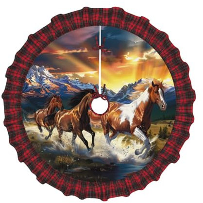 Weihnachtsbaumrock mit laufenden Pferden, 122,9 cm, Vintage-Stil, kariert, mit festlicher Bordüre