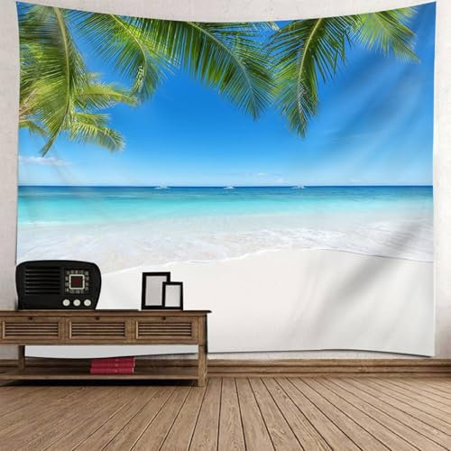 Wandteppich Strand Groß, 260x240cm Palmenblätter, Meer, Strand Landschaft Tapisserie für Wohnzimmer Schlafzimmer Wohnheim Wanddeko | Blau Grün Beige