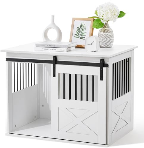 Dog Crate Furniture for Small/Medium Dogs, Heavy Duty With Sliding Door, Kennel Indoor, Wooden House, End Table, 90x60x66cm, White
