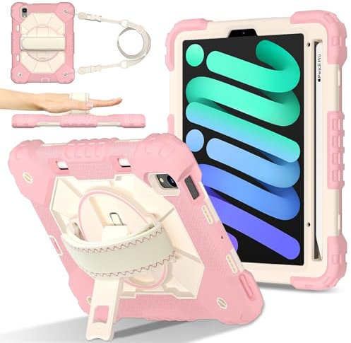 Voyage sur tablette Étui compatible avec iPad Mini 7 (A17 Pro) 2024/Mini 6 8,3 pouces 2021 avec porte-crayon, support de poignée multifonction rotatif à 360 degrés + bandoulière, étui de protection an