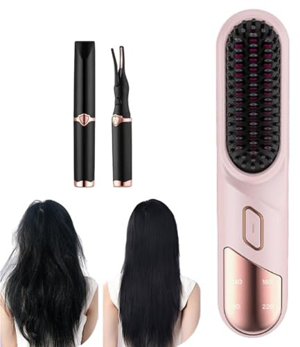 Brosse Lissante Sans Fil,Lisseur à cheveux sans fil,batterie lisseur et boucleur 2 en 1,Portable pour Voyage/Domicile Mini Lisseur Cheveux Femmes Coiffante Chauffant Peigne à Cheveux Barbe Homme rose