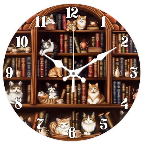 CHGCRAFT Vintage Bücherregal Wanduhr Katze Non-Ticking Clock 12 Zoll Runde Dekorative Wanduhr für Home Office Dekoration
