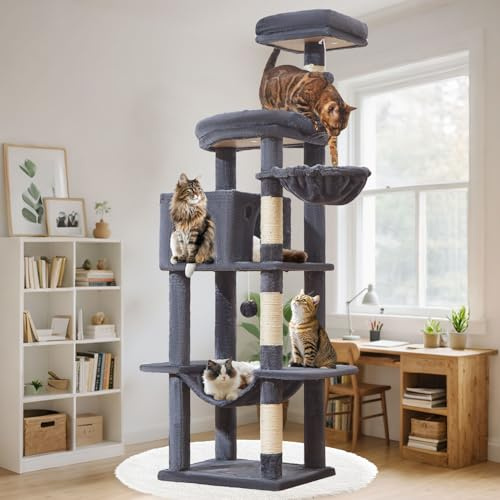 Taoqimiao Rascador para Gatos Grandes, 168cm Arranhador para Gatos Cat Tree com Plataformas Grande, Espacioso Cuevas, Cesta, Hamaca, MS042G Gris Oscuro