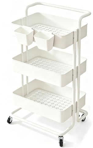 Dalephoric Rollwagen Küche mit 3 Ebenen, Küchenwagen, Küchenrollwagen mit Griffen, Nischenregal mit 2 Behälter, Metallhalterung und Kunststoffkorb, für Küche, Badezimmer, 39x36x80cm, Weiß