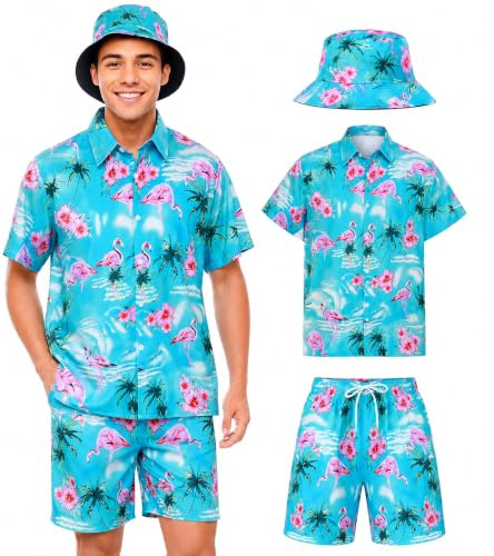 SERTAS Hawaii Hemd Männer, Hawaii Outfit Herren 3 Stück Set,Hawaiihemd und Shorts und Fischerhut,Freizeit Urlaub Strand Hemd Set