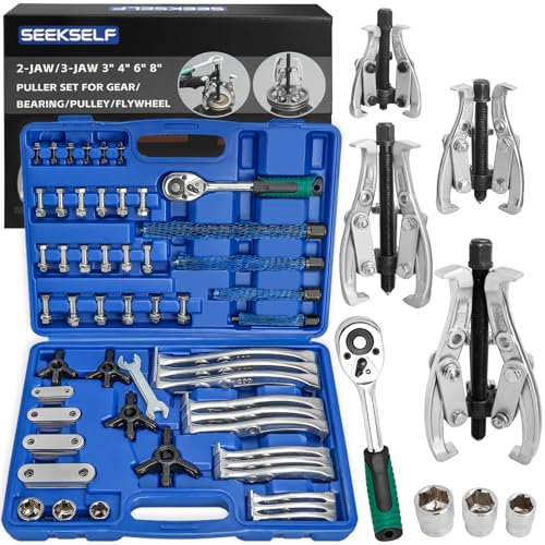 SEEKSELF 3 4 6 8 Gear Puller Set, 2-Jaw/3-Jaw Bearing Puller Kit with Torque Wrench, Heavy Duty Pulling Tool, Reversible Jaw for Internal External Flywheel Gear Pulley Bearing Rotor Removal