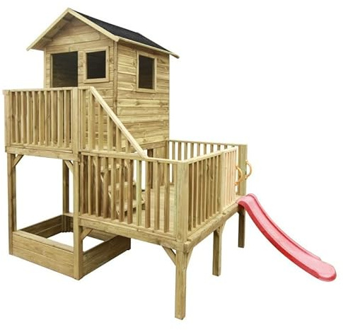 Casetta da giardino per bambini in legno Hubert con scivolo e sabbiera 226,5x176x272 cm