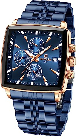 FORSINING REWARD Square Mens Watch Business Quartz Wrist Watches for Men Chronograph Luminous Waterproof Man Wristwatch Blue