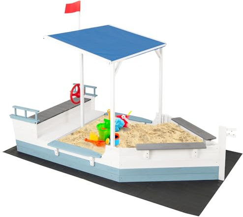RELAX4LIFE Sabbiera con Tettuccio per Bambini, a Forma di Nave Pirata, Giocattoli da Spiaggia in Legno di Abete, Barca con Bandiera Timone e Sedili, 218×110×162 cm