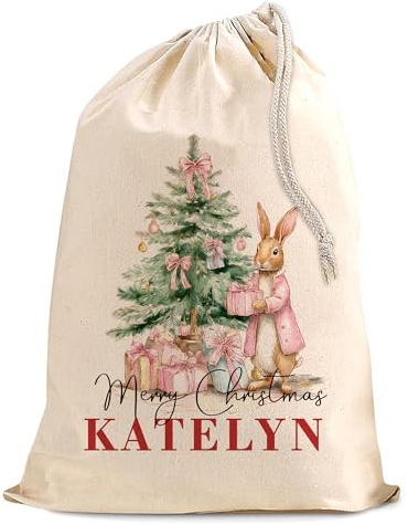Personalised Custom Made Santa Christmas Natural Cotton Sack Bag Extra Large with Drawstring for Xmas Holiday Presents - for Kids & Adults - XL 50x75 cm - Pink Rabbit