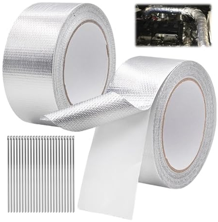 2 PCS Rbande Thermique Echappement Contient 24 Attaches Câble, 10 m x 5 cm Ruban Protection Thermique Pour échappement, Ruban Isolant Thermique, Réparation Pour échappement Pour Voiture(Argent)
