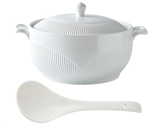 Porcelain Soup Tureen with Lid and Spoon, Double Handle Serving Bowl for Kitchen and Microwave, Ideal for Soups, Stews, and Sauces