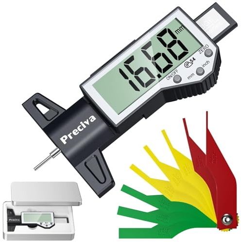 Preciva Tyre Tread Depth Gauge & Brake Pad Measuring Tool Kit, Large Screen, 0.01mm Accuracy, 0-25.4mm/1in Range, for Car, Trucks, Motos (2 Battary Included)