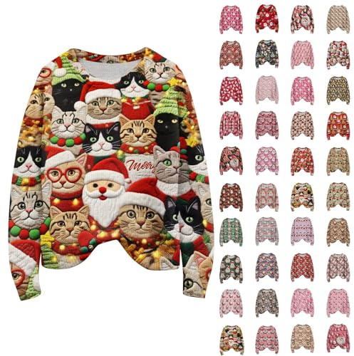 Weihnachtspullover Damen Lustige Weihnachten Muster Pullover für Damen Rundhals Strickpullover Ugly Christmas Sweatshirt Winter Gestrickter Sweater Xmas Langarmshirt Weihnachtspulli Weihnachtskostüm
