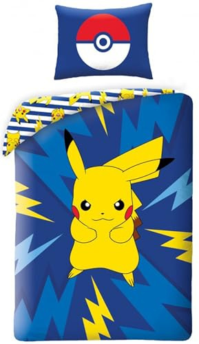 Pokémon, Parure de Lit Enfant Gamer pour Lit 1 Place, Motif Pikachu Electrique, Ensemble 2 pièces Housse de Couette Réversible 140x200 cm et Taie d'oreiller 63x63 cm, Textile Certifié Oeko TEX
