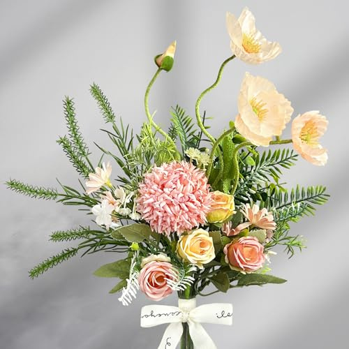 ROLLWAY Kunstblumen wie echt Rosa Künstliche Blumen Strauß Seidenblumen | Blumenstrauß Künstlich, 10 Stück Fake Blumen und Zweig Hortensien für Vase, Deko Wohnzimmer, Hochzeit, Tischdeko, Geschenk