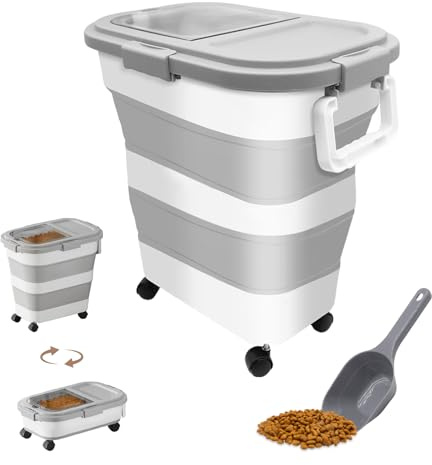 Contenedor Plegable para Alimentos de Mascotas 10-15kg, Contenedor de comida para perros, Recipiente Hermético con Ruedas, Cuchara Medidora, para Guardar Croquetas y Mantener su Frescura