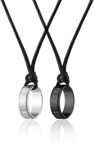 PiercingJak Colliers Anneaux Gravure Runes en Acier Inoxydable pour Homme Femme Viking Colliers Bague Couple Amoureux en Cordon Cuir Ajustable Bijoux Couple Longue Distance Cadeau Anniversaire