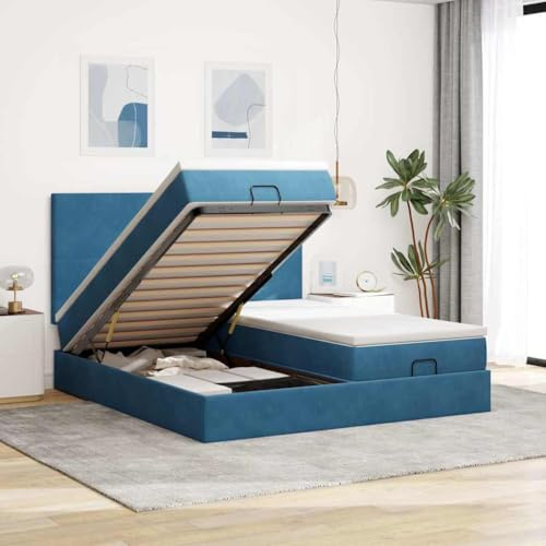 QJBSAVVA Ottomanbett 180x200 cm mit Matratzen Dunkelblau, Samt, Stauraumbett mit Hydraulik-Mechanismus, Taschenfederkern, 2 Einzelbetten, Lattenrost, Kopfteil, für Schlafzimmer Jugendzimmer