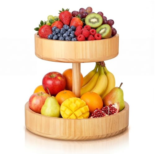 LemonRoad 2 Tier Round Wood Fruit Bowl Wooden Fruit Basket Bread Bowl Detachable Vegetable Holder Organizer Stand for Kitchen Counter Dessert Platter Tray Dish Dining Snack