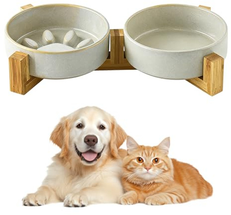 Set di ciotole per cani in ceramica con supporto, rialzata, ciotola per cani in ceramica, doppia ciotola per cani, per cani grandi, piccoli, medi per cani e gatti, con design a zampe, anti-imbracatura