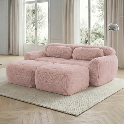 Hmluxury Modulares Schlafsofa mit Flauschplüschstoff, ohne Montage, bequemes Wohnzimmer-Sofa mit 2 Ottomans, Farbe Rosa, Zweisitzer-Ecksofa, weiche Knochenlos-Sofas für Entspannung