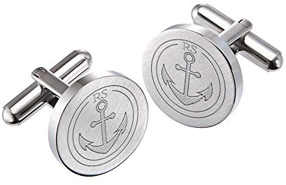 Gravado runde Manschettenknöpfe aus mattem Edelstahl mit Anker Gravur, Personalisiert mit Initialen, inkl. Geschenkbox, Herren Schmuck
