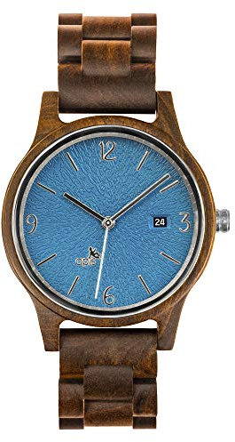 Opis UR-U1: Unisex (Damen/Herren) Retro Holz Armbanduhr aus Schwarzem Sandelholz mit einzigartigem, geprägten Ziffernblatt in Blau mit silbernen Metallelementen (Blau-Silber)