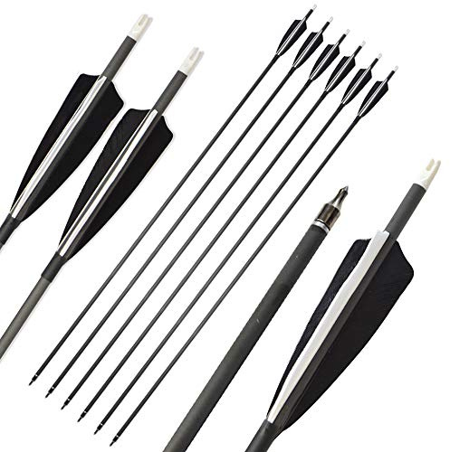 MILAEM 12 Stück 34 Bogenschießen Carbonpfeile Spine 500 Jagdpfeile Zielpfeile Naturfeder mit 100 Grain Pfeilspitze für Recurve Bogen Compoundbogen